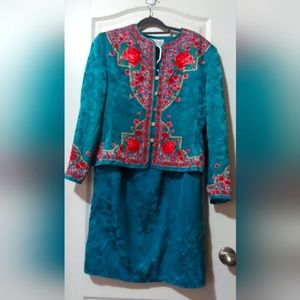 Vintage Pure Silk size 14 English Rose Print 100%Silk 2 Set Skirt Blouse/Jacket